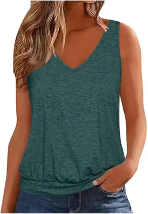 Womens Summer Tops Dressy Casual Banded Bottom Tank Tops Loose Fit V Neck Sleeveless Solid Basic Tee Shirts Blouses