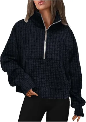 Womens Sweatshirts Half Zip Waffle Long Sleeves Cropped Pullover Hoodies 2025 Fall Fashion Lapel Outfits Clothes