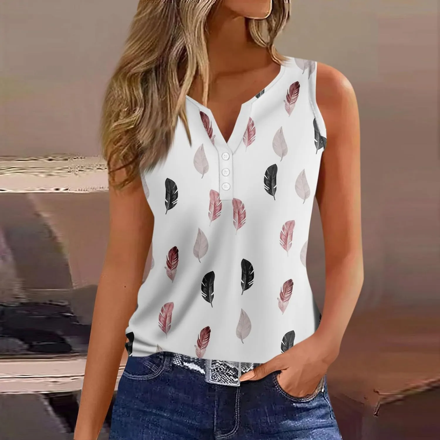 Womens Tank Tops Henley V Neck Button Printed Shirts 2025 Summer Casual Loose Fit Sleeveless Cute Tanks Tee for Women