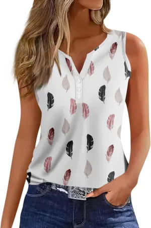 Womens Tank Tops Henley V Neck Button Printed Shirts 2025 Summer Casual Loose Fit Sleeveless Cute Tanks Tee for Women