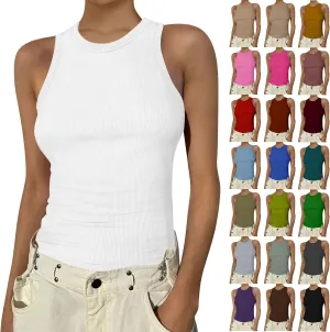 Womens Tank Tops Summer Cotton Workout High Neck Sleeveless Tops Casual Ribbed Slimming Racerback Tank Tops Undershirts