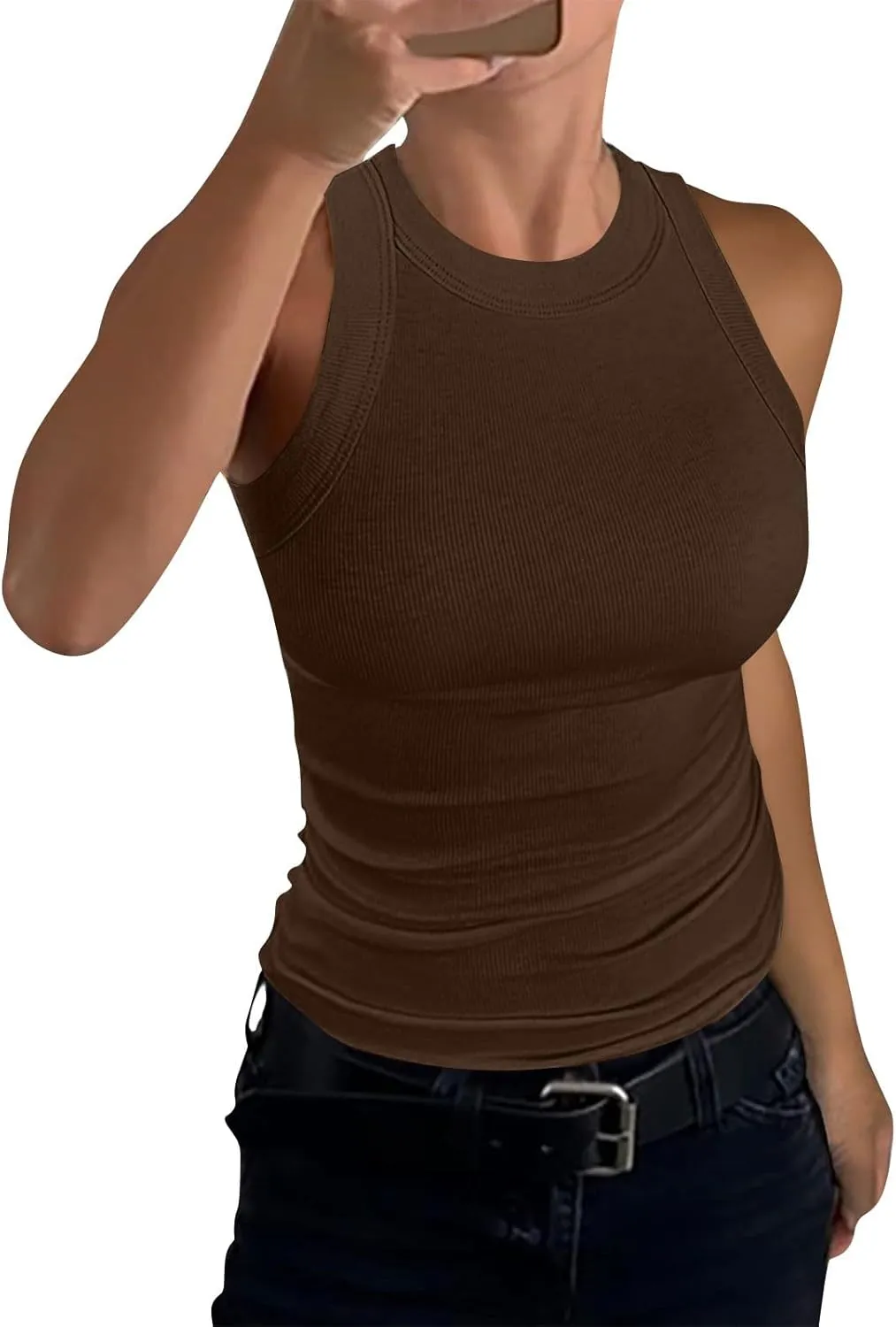 Womens Tank Tops Summer Cotton Workout High Neck Sleeveless Tops Casual Ribbed Slimming Racerback Tank Tops Undershirts