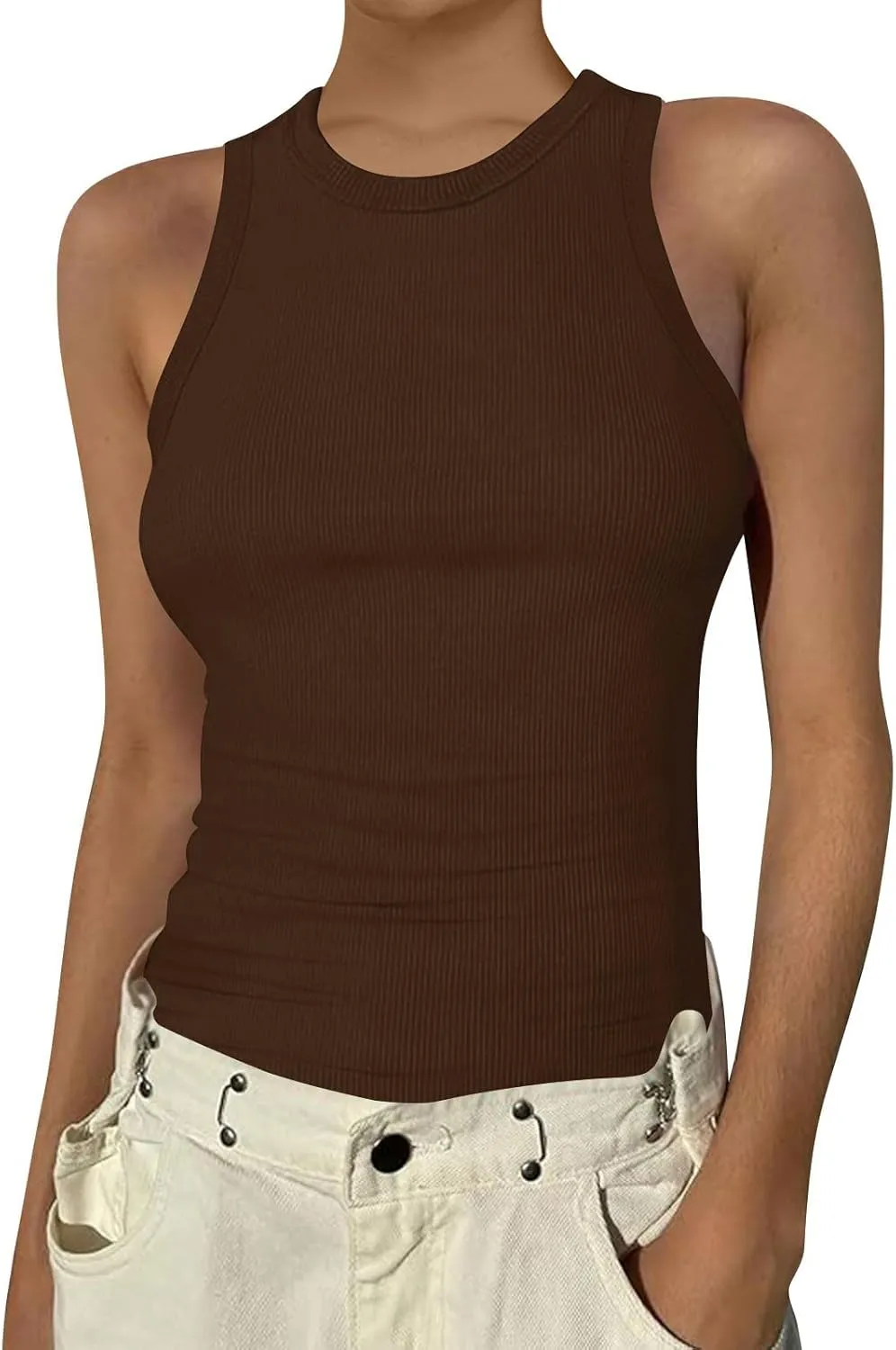 Womens Tank Tops Summer Cotton Workout High Neck Sleeveless Tops Casual Ribbed Slimming Racerback Tank Tops Undershirts