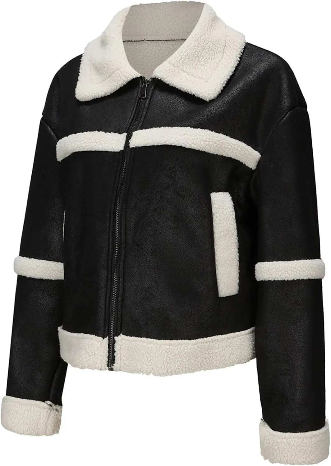 Women's Turn-Down Collar Faux Suede Jacket Motorcycle Bomber PU Bike Coat Outwear Warm Plush Faux Leather Jackets
