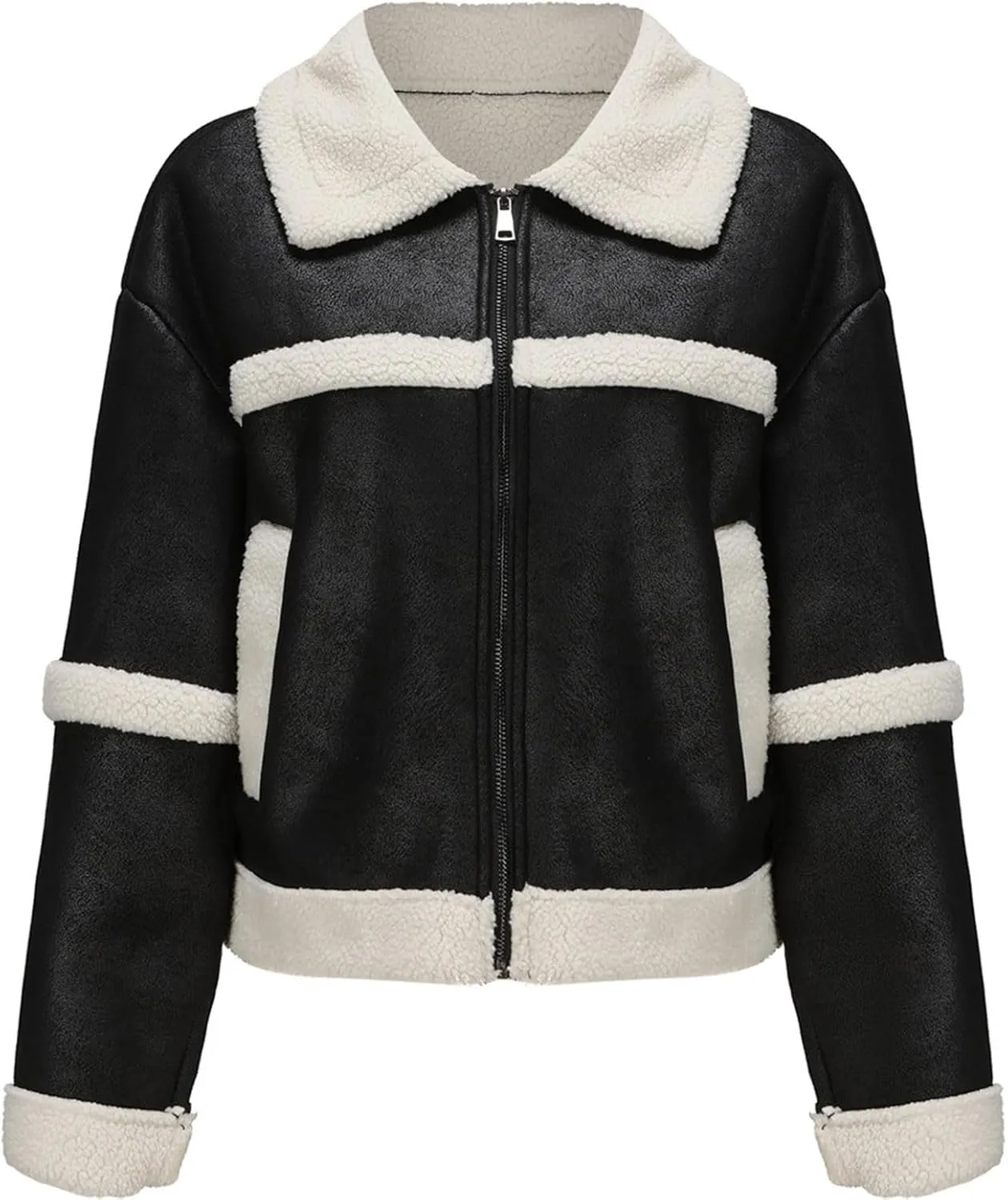 Women's Turn-Down Collar Faux Suede Jacket Motorcycle Bomber PU Bike Coat Outwear Warm Plush Faux Leather Jackets
