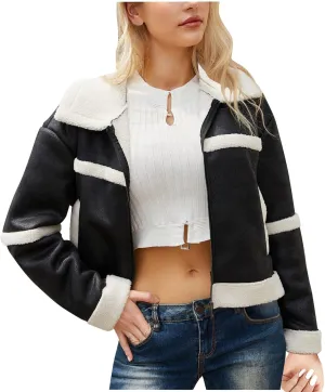 Women's Turn-Down Collar Faux Suede Jacket Motorcycle Bomber PU Bike Coat Outwear Warm Plush Faux Leather Jackets