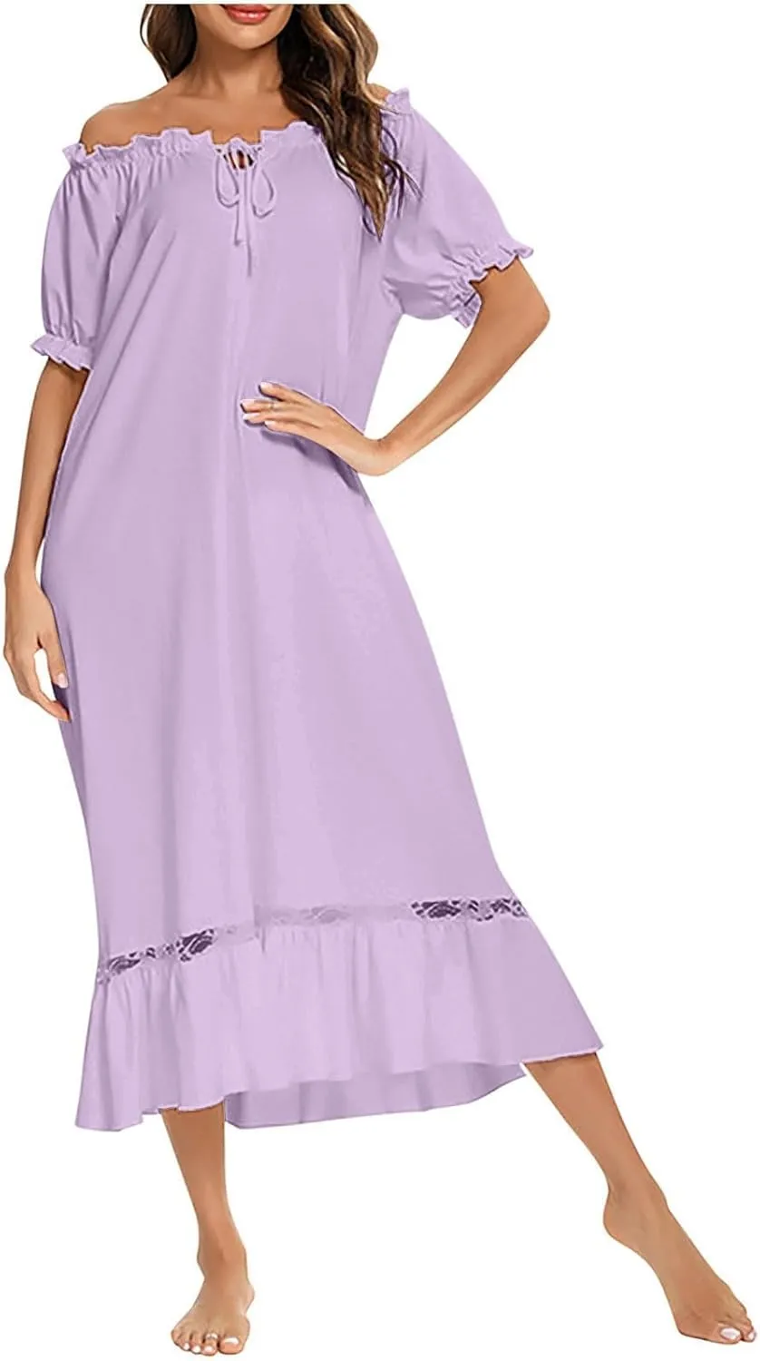 Women's Victorian Nightgown Ruffle Hem Sleepwear Long Vintage Loungewear Ruffle Sleeve Keyhole Neck Retro Sleepwear