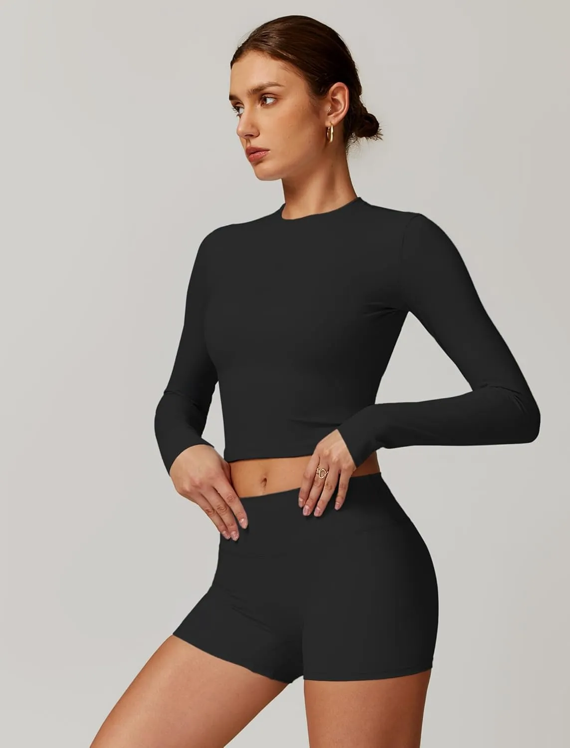 Womens Workout Sets Two Piece Long Sleeve Top Matching High Waist Shorts Sets Fall Winter Gym Work Out Clothes