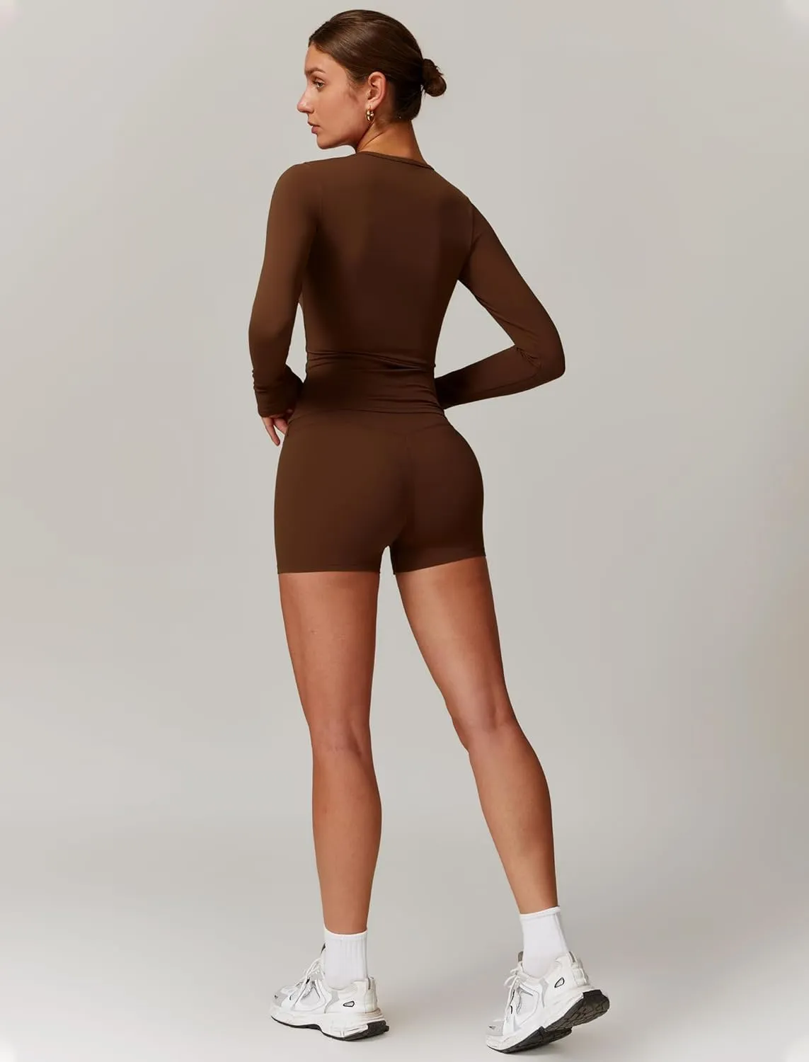 Womens Workout Sets Two Piece Long Sleeve Top Matching High Waist Shorts Sets Fall Winter Gym Work Out Clothes