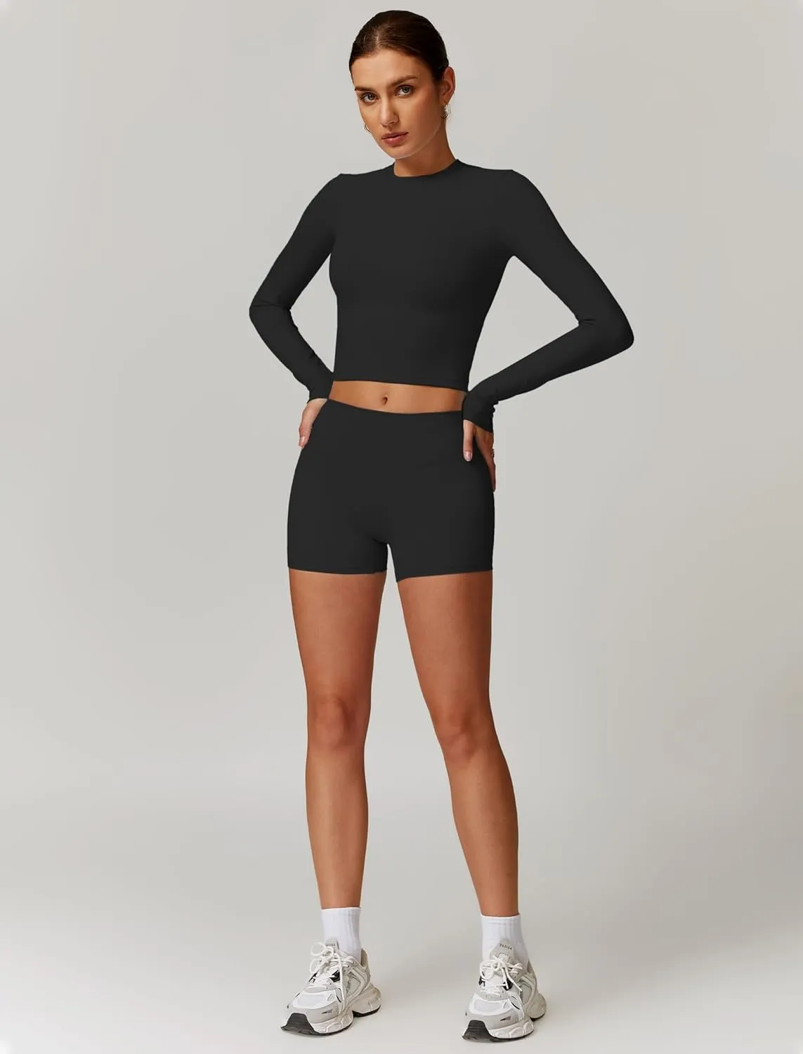 Womens Workout Sets Two Piece Long Sleeve Top Matching High Waist Shorts Sets Fall Winter Gym Work Out Clothes