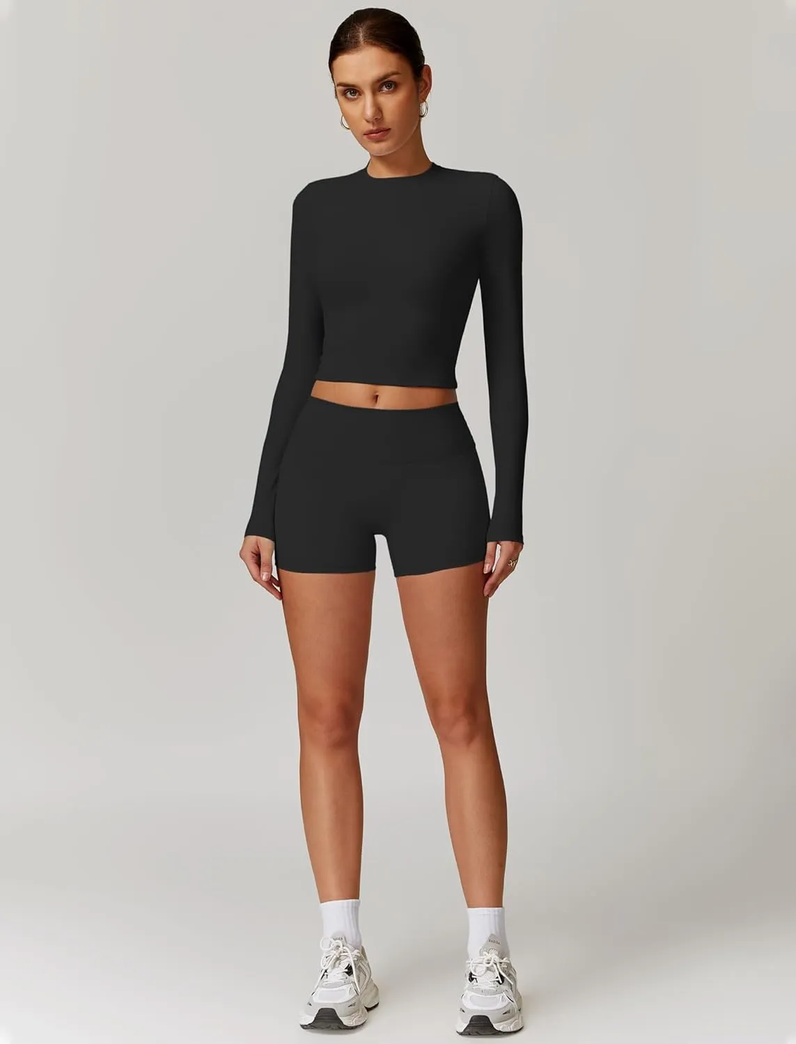 Womens Workout Sets Two Piece Long Sleeve Top Matching High Waist Shorts Sets Fall Winter Gym Work Out Clothes