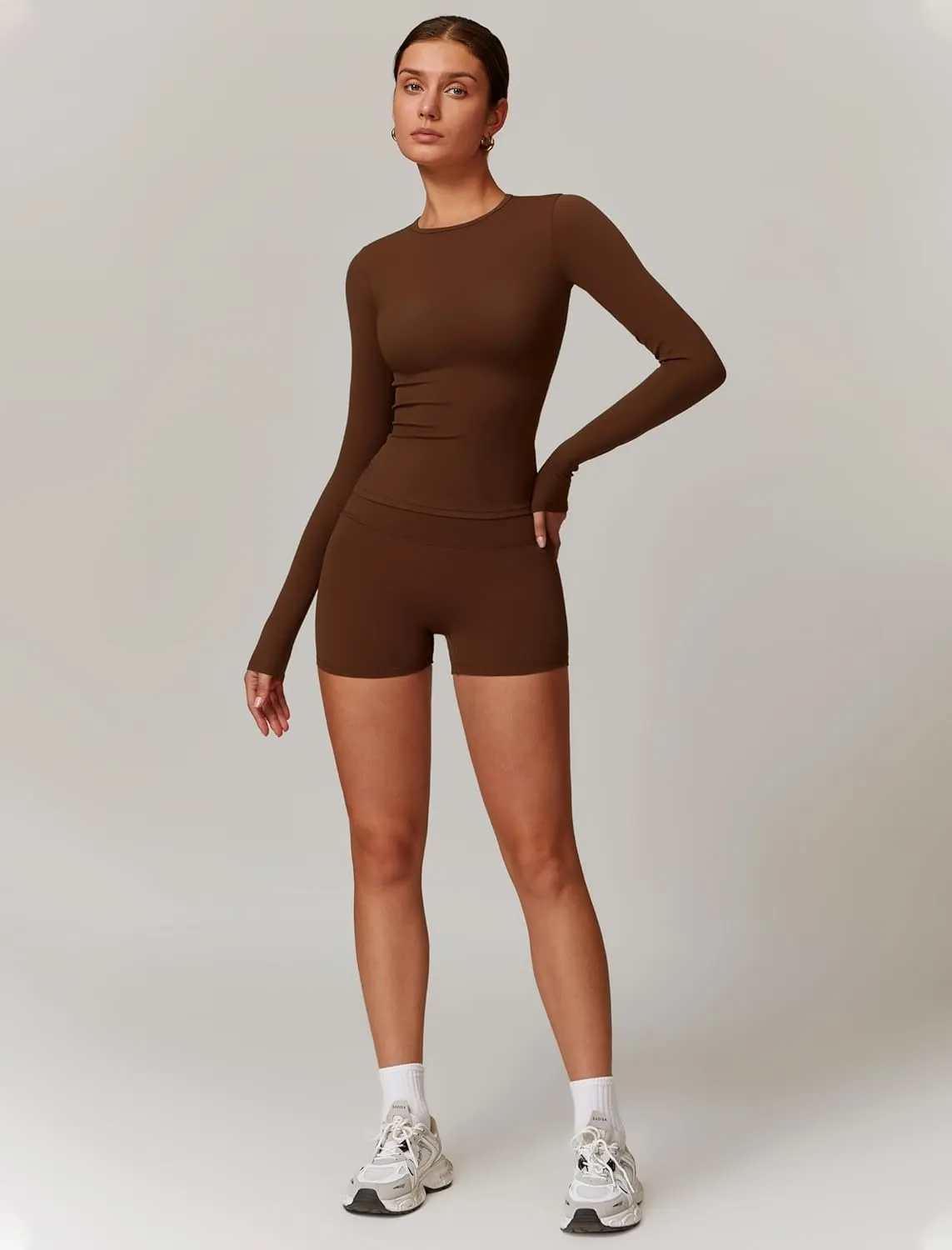 Womens Workout Sets Two Piece Long Sleeve Top Matching High Waist Shorts Sets Fall Winter Gym Work Out Clothes