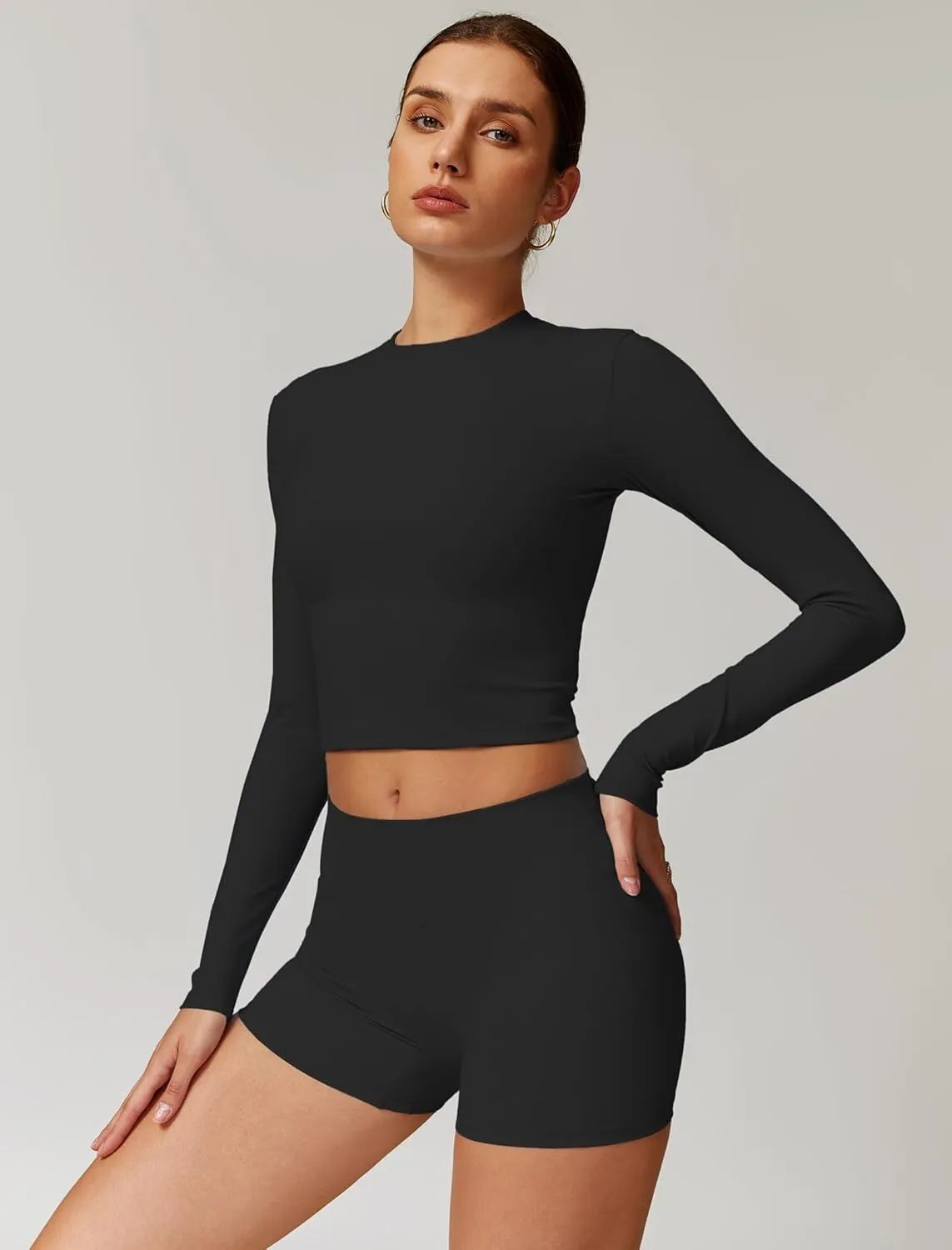 Womens Workout Sets Two Piece Long Sleeve Top Matching High Waist Shorts Sets Fall Winter Gym Work Out Clothes