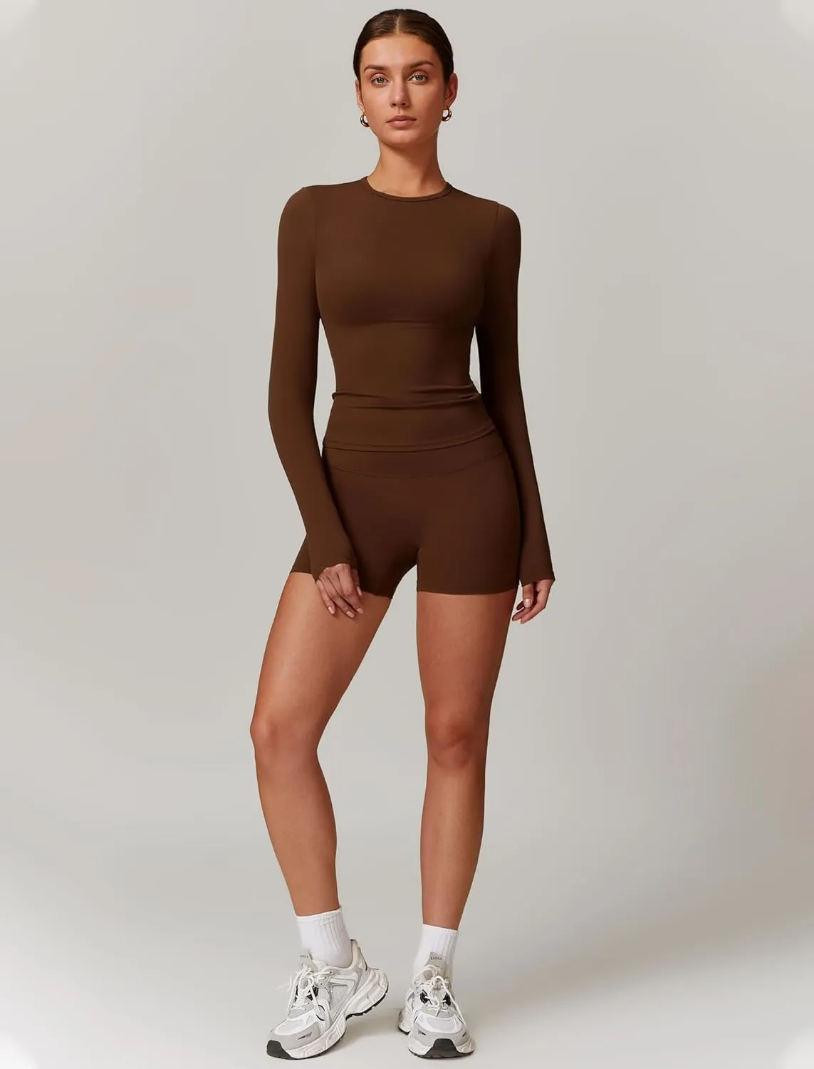 Womens Workout Sets Two Piece Long Sleeve Top Matching High Waist Shorts Sets Fall Winter Gym Work Out Clothes