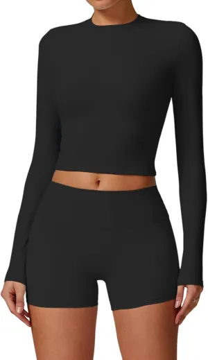 Womens Workout Sets Two Piece Long Sleeve Top Matching High Waist Shorts Sets Fall Winter Gym Work Out Clothes