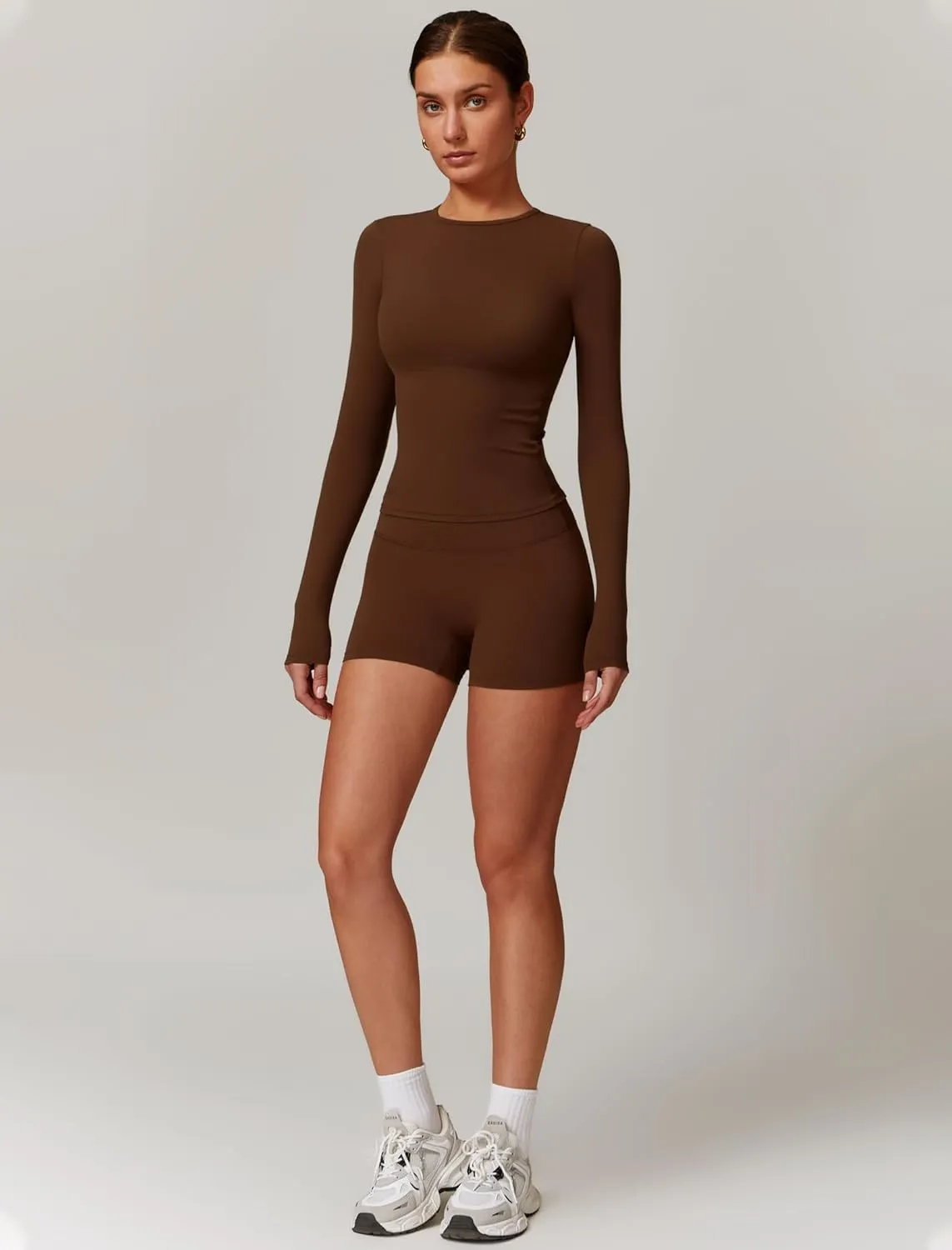 Womens Workout Sets Two Piece Long Sleeve Top Matching High Waist Shorts Sets Fall Winter Gym Work Out Clothes