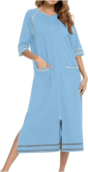 Womens Zipper Robes 3/4 Sleeve Loungewear Dress Full Zip Housecoat Lightweight Long Bathrobe Sleepwears with Pocket