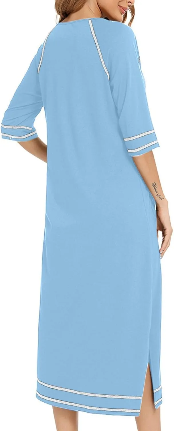 Womens Zipper Robes 3/4 Sleeve Loungewear Dress Full Zip Housecoat Lightweight Long Bathrobe Sleepwears with Pocket