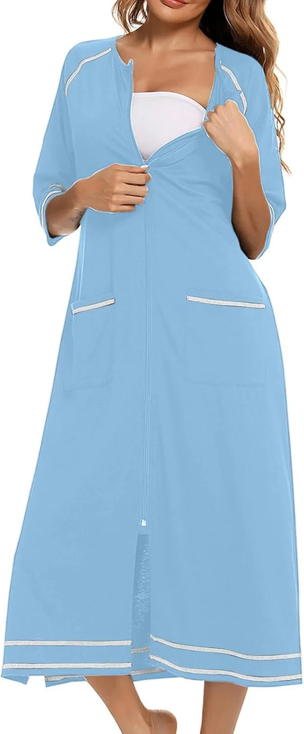 Womens Zipper Robes 3/4 Sleeve Loungewear Dress Full Zip Housecoat Lightweight Long Bathrobe Sleepwears with Pocket