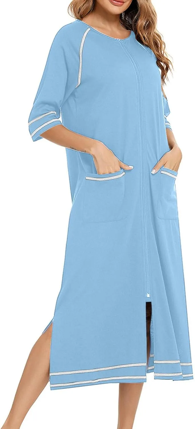 Womens Zipper Robes 3/4 Sleeve Loungewear Dress Full Zip Housecoat Lightweight Long Bathrobe Sleepwears with Pocket