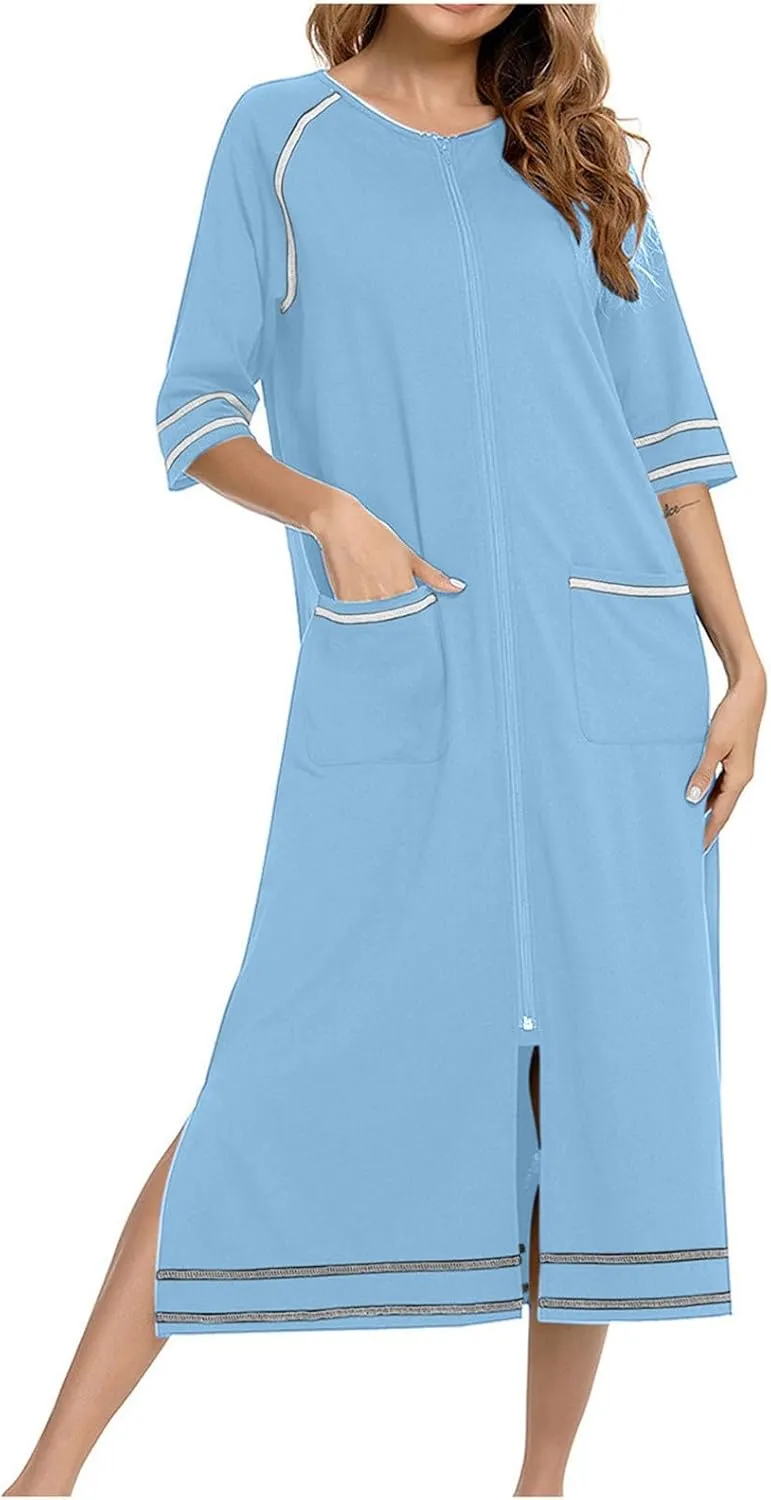 Womens Zipper Robes 3/4 Sleeve Loungewear Dress Full Zip Housecoat Lightweight Long Bathrobe Sleepwears with Pocket