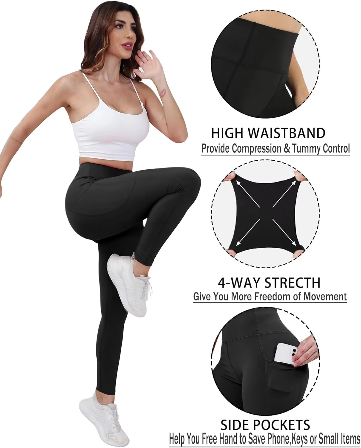 Workout Leggings with Pockets for Women Buttery Soft Elastic Compression Leggings High Waist Running Yoga Pants