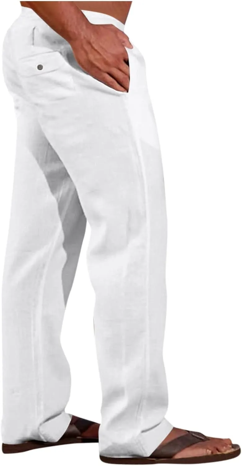 XIAXOGOOL Mens Linen Pants Big and Tall Loose Fit Elastic Waist Lightweight Drawstring Pants Summer Beach Yoga Pants Trousers