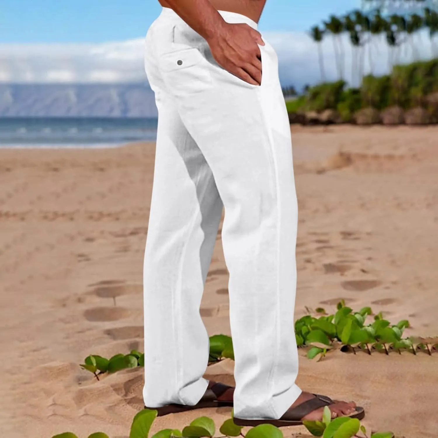 XIAXOGOOL Mens Linen Pants Big and Tall Loose Fit Elastic Waist Lightweight Drawstring Pants Summer Beach Yoga Pants Trousers