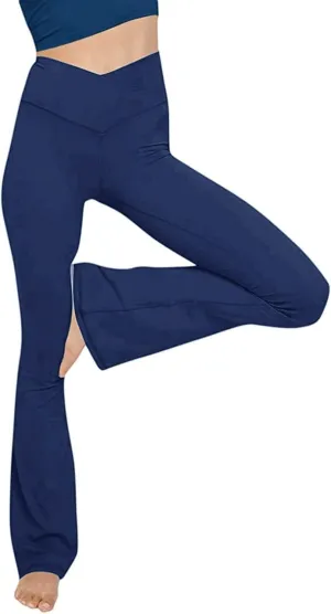 Yoga Pants Women Flare High Waisted Leggings Tummy Control Bell Bottom Cross Waist Leggings Wide Leg Casual Pants
