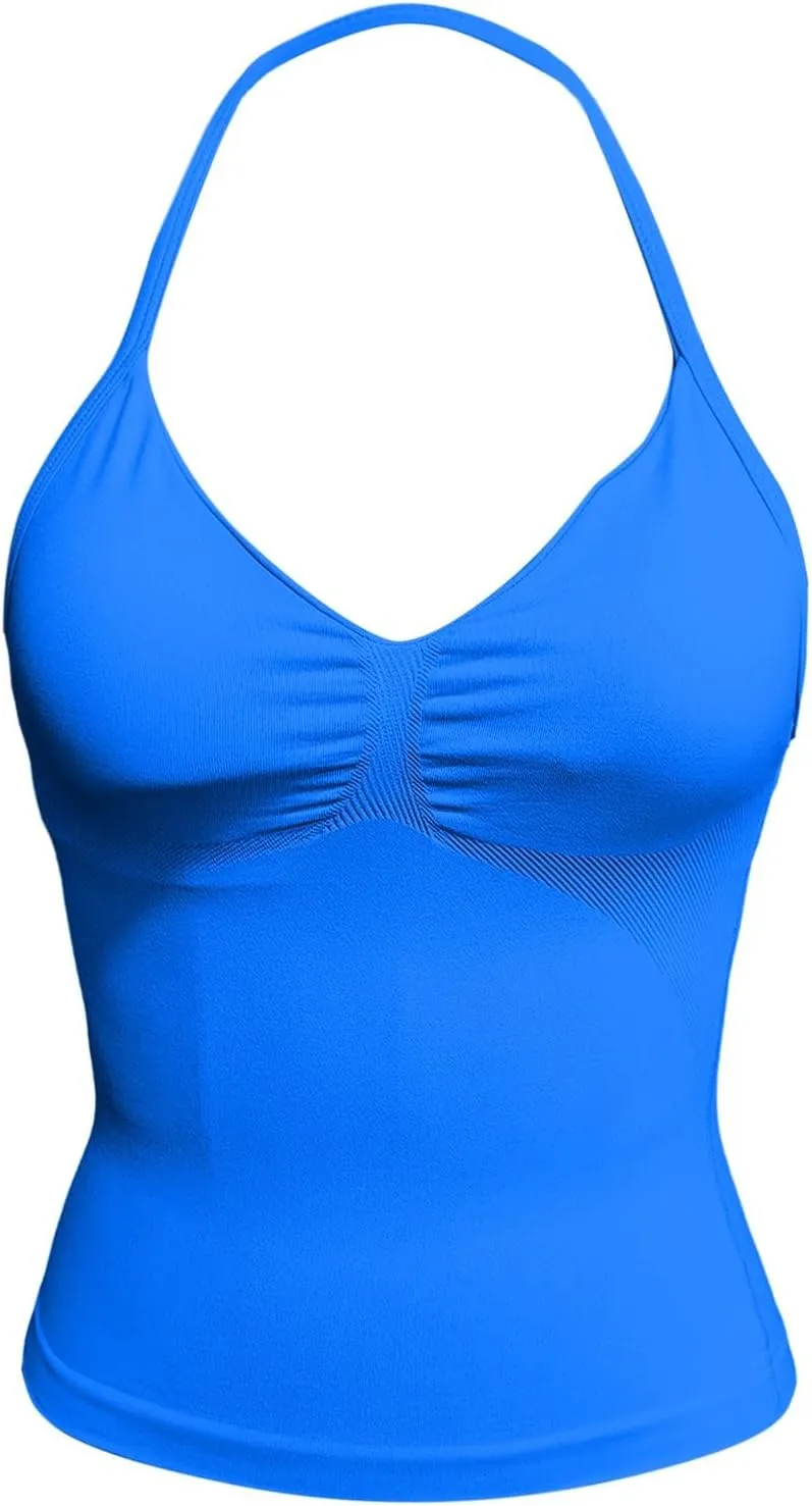 Yoga Tops for Women Built in Bra Summer Halter Backless V Neck Shelf Bra Camis Yoga Shirts Gym Workout Tops Undershirt